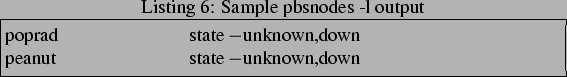 \begin{lstlisting}[frame=trbl,caption=Sample pbsnodes -l output]{}
poprad state-unknown,down
peanut state-unknown,down
\end{lstlisting}