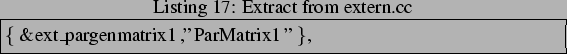\begin{lstlisting}[frame=trbl,caption=Extract from extern.cc]{}
{ &ext_pargenmatrix1,''ParMatrix1'' },
\end{lstlisting}