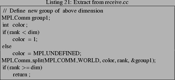 \begin{lstlisting}[frame=trbl,caption=Extract from receive.cc]{}
// Define new g...
...MPI_COMM_WORLD, color, rank, &group1);
if(rank >= dim)
return;
\end{lstlisting}